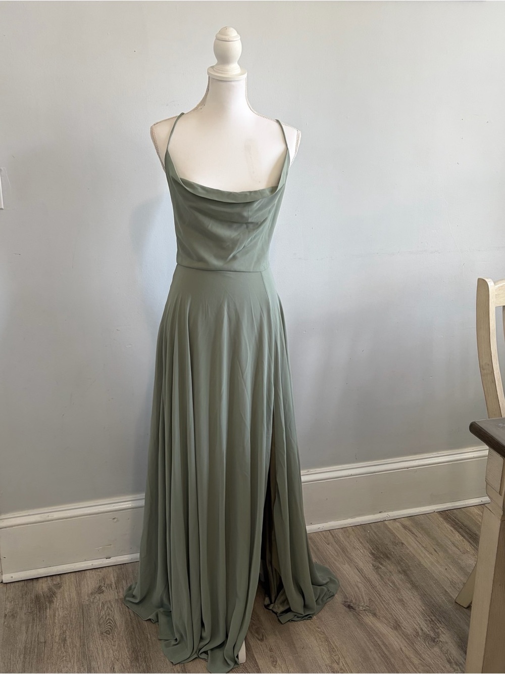 LULUS Romantically Speaking Cowl Lace up Maxi Dress Womens S Sage Green Wedding